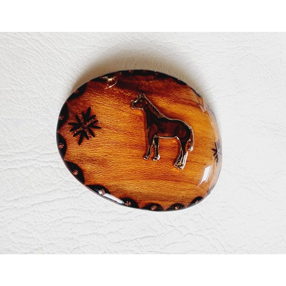Vintage Belt Buckle Wooden Horse Lacquered Wood Handmade Retro 80s - Picture 2 of 6